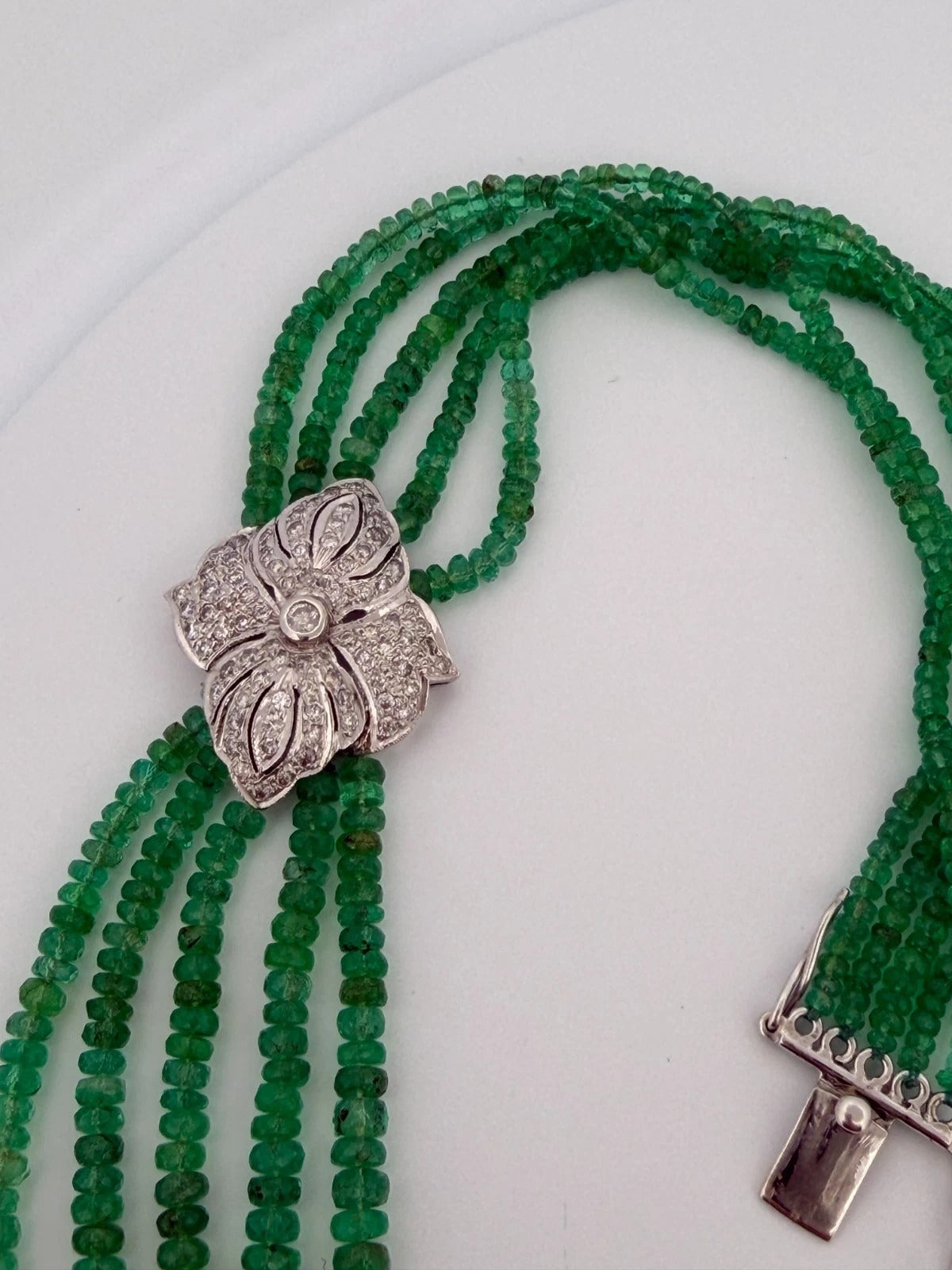 14K White Gold Approx. 290 Carats 20" Diamonds 5-Strand Faceted Emerald Necklace