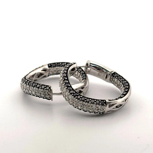 4.40ctw VS F-G Black & White Pave Diamonds 18K White Gold Wave Hoop Earrings-Earrings-Devine &amp; Co.