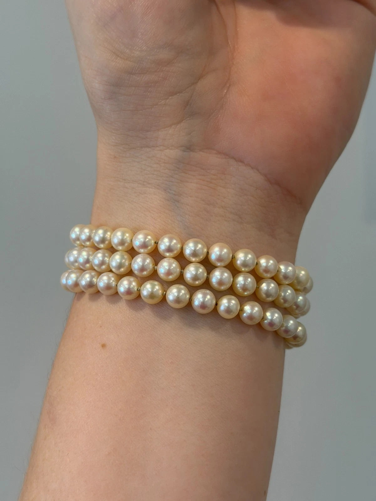 Vintage 10K White Gold 5.50-6mm Three-Strand Akoya Pearl & Diamond Bracelet