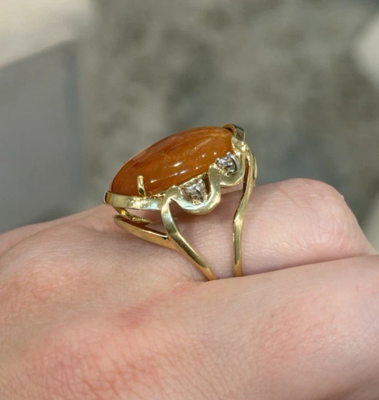 14K Yellow Gold Freeform Large Natural Orange Jadeite Cabochon & Diamond Ring by Devine & Co — close-up