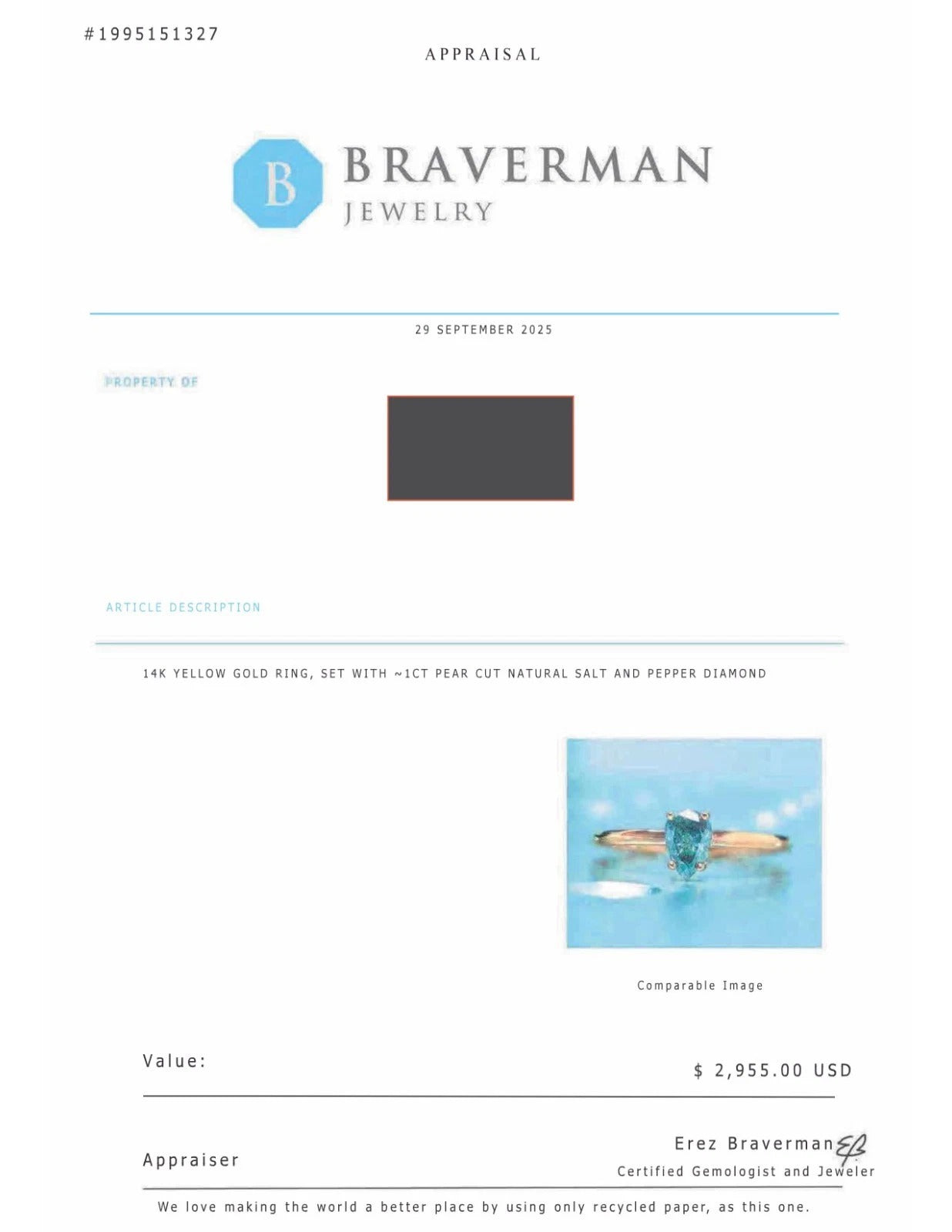 14K Yellow Gold 1CTW Natural Salt & Pepper Pear Shape Diamond Ring Size 4.25