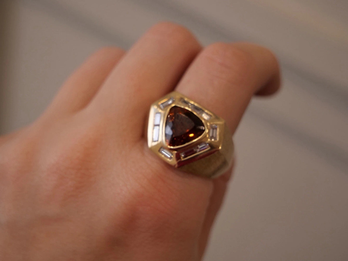 14K Yellow Gold Men’s Custom 23.39 Grams Whiskey Topaz & Diamond Ring Size 12.5