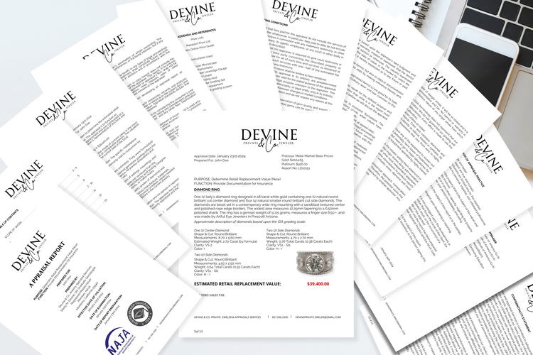 Certified jewelry appraisal documents by Devine & Co.