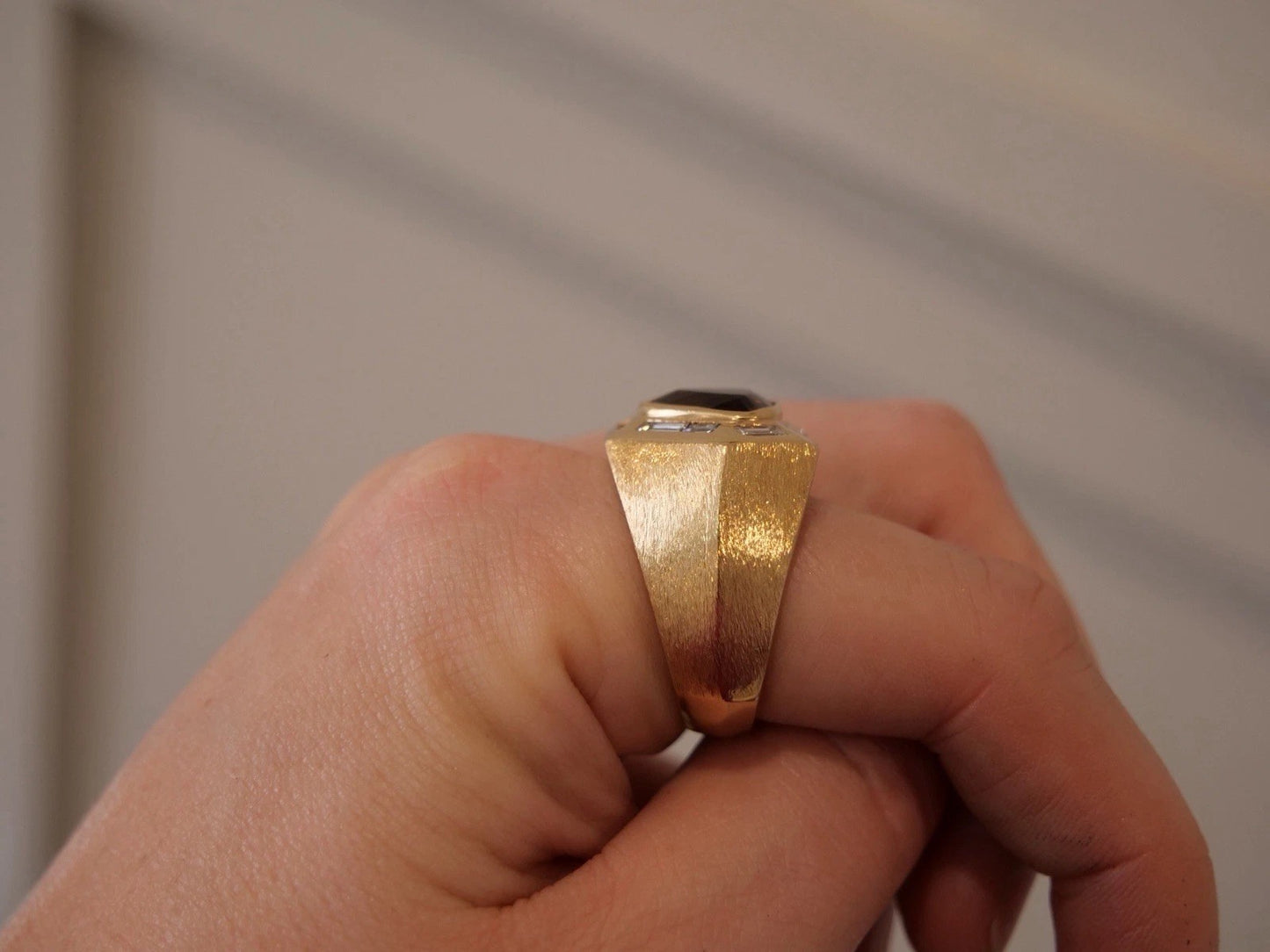 14K Yellow Gold Men’s Custom 23.39 Grams Whiskey Topaz & Diamond Ring Size 12.5