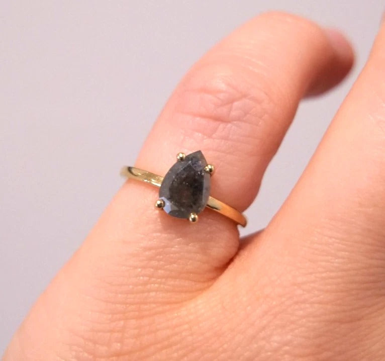 14K Yellow Gold 1CTW Natural Salt & Pepper Pear Shape Diamond Ring Size 4.25