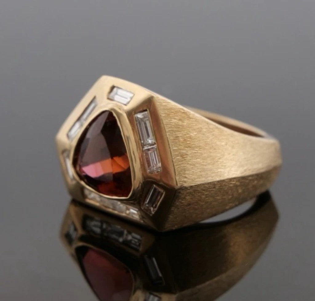 14K Yellow Gold Men’s Custom 23.39 Grams Whiskey Topaz & Diamond Ring Size 12.5