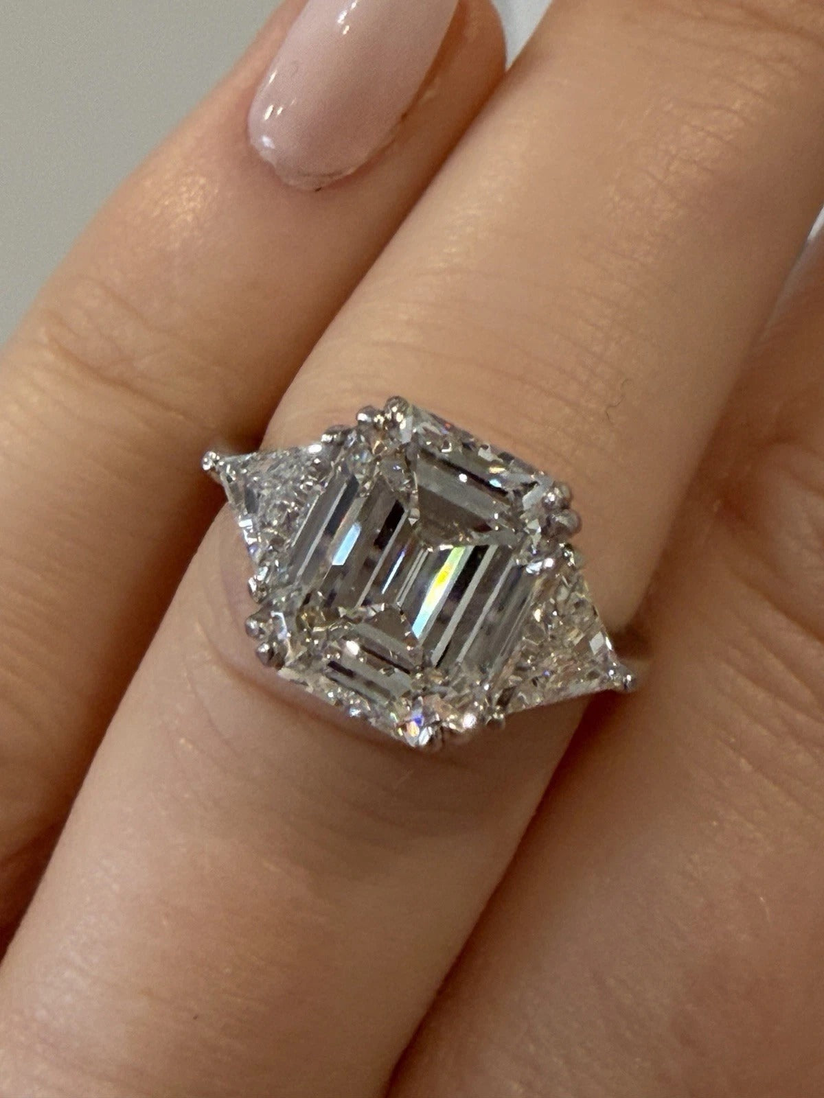 Consignment - Platinum Three-Stone Ring 4.10ct Emerald Cut Diamond GIA Certified Trillion Sides Size 6.5 - platinum, diamo...