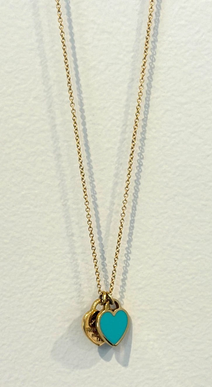 Consignment - Tiffany & Co. 18k Yellow Gold Mini Double Heart Tag Pendant Necklace - 18k gold, yellow gold, necklace - (im...