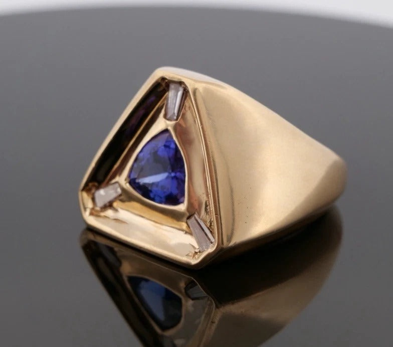 Men’s Custom 40.72 Grams Tanzanite & Diamond 14K Yellow Gold Ring Size 12.5