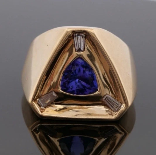 Men’s Custom 40.72 Grams Tanzanite & Diamond 14K Yellow Gold Ring Size 12.5
