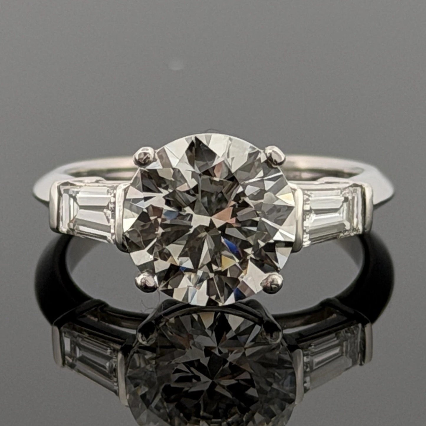 Consignment - Platinum 3.01ct Round Brilliant Natural Diamond GIA Baguettes Three-Stone Ring - platinum, diamond, ring - D...