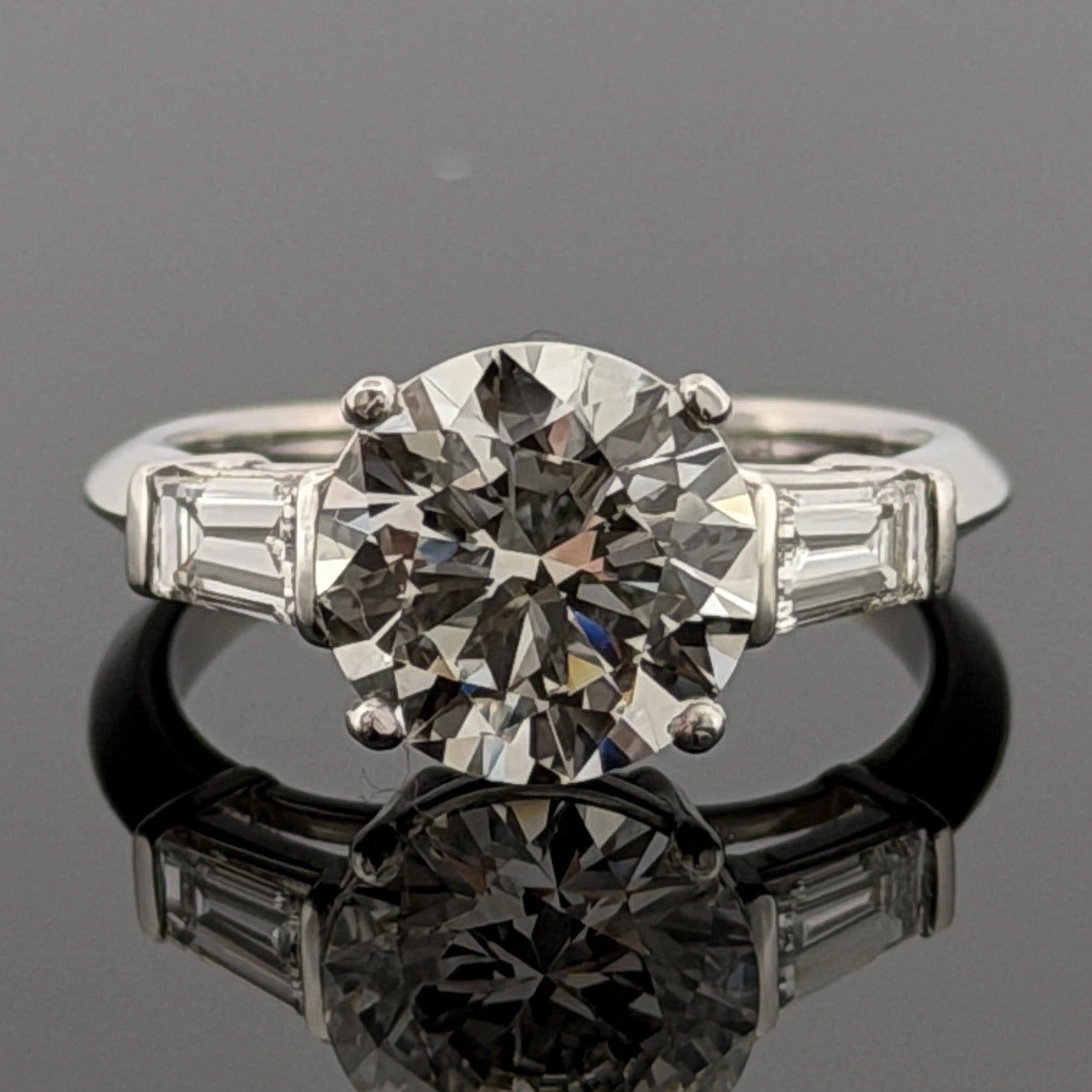 Consignment - Platinum 3.01ct Round Brilliant Natural Diamond GIA Baguettes Three-Stone Ring - platinum, diamond, ring - D...