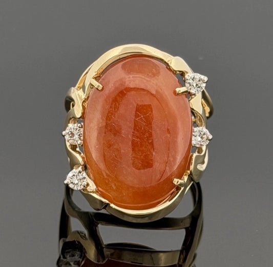 14K Yellow Gold Freeform Large Natural Orange Jadeite Cabochon & Diamond Ring by Devine & Co