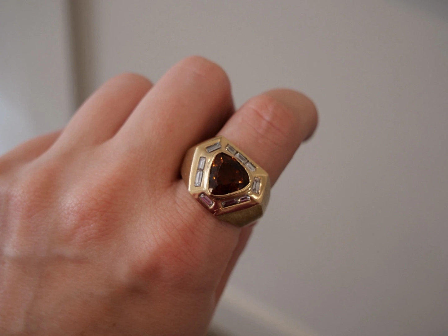 14K Yellow Gold Men’s Custom 23.39 Grams Whiskey Topaz & Diamond Ring Size 12.5