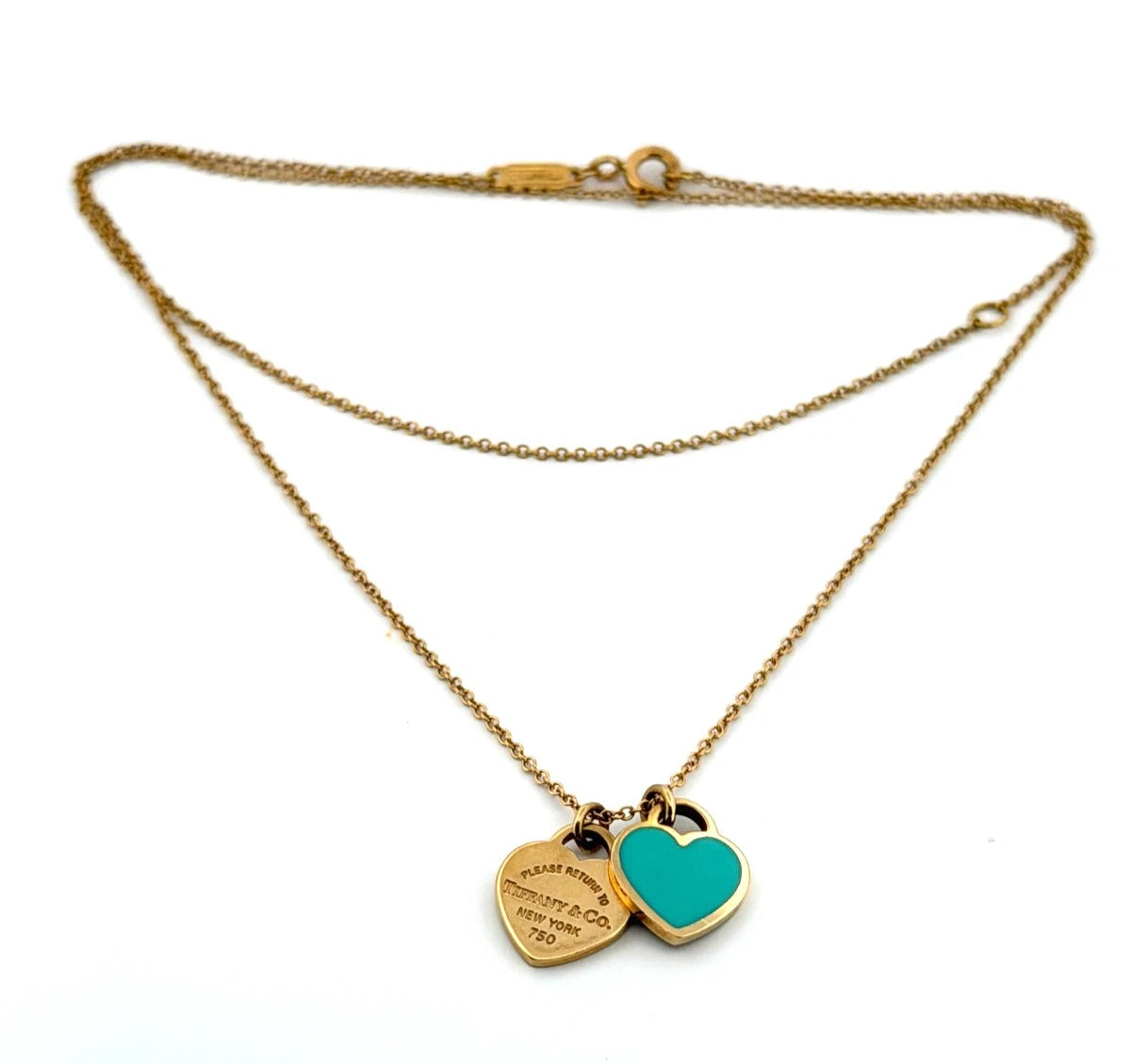 Consignment - Tiffany & Co. 18k Yellow Gold Mini Double Heart Tag Pendant Necklace - 18k gold, yellow gold, necklace - Dev...