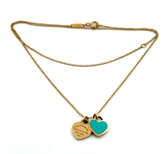Consignment - Tiffany & Co. 18k Yellow Gold Mini Double Heart Tag Pendant Necklace - 18k gold, yellow gold, necklace - Dev...