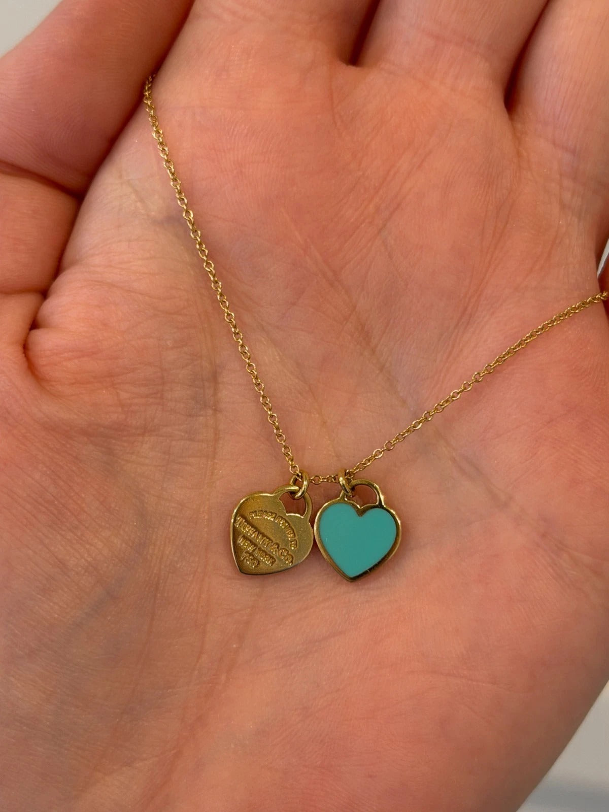Consignment - Tiffany & Co. 18k Yellow Gold Mini Double Heart Tag Pendant Necklace - 18k gold, yellow gold, necklace - (im...