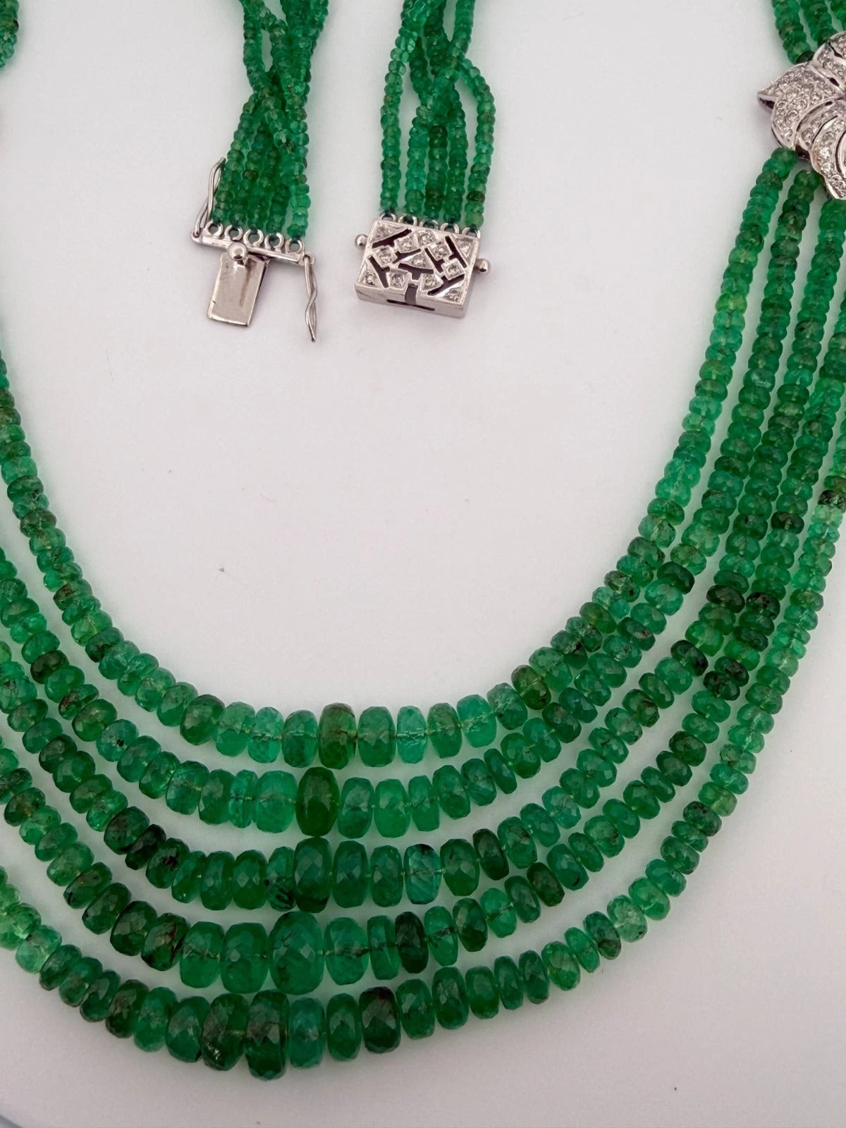 14K White Gold Approx. 290 Carats 20" Diamonds 5-Strand Faceted Emerald Necklace
