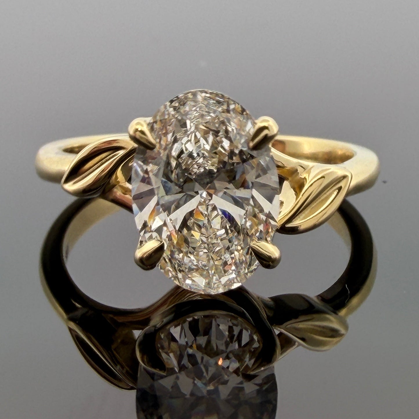 Custom Order: 18KY Oval Lab Grown Engagement Ring Leaf Design Size 8 2.18CT