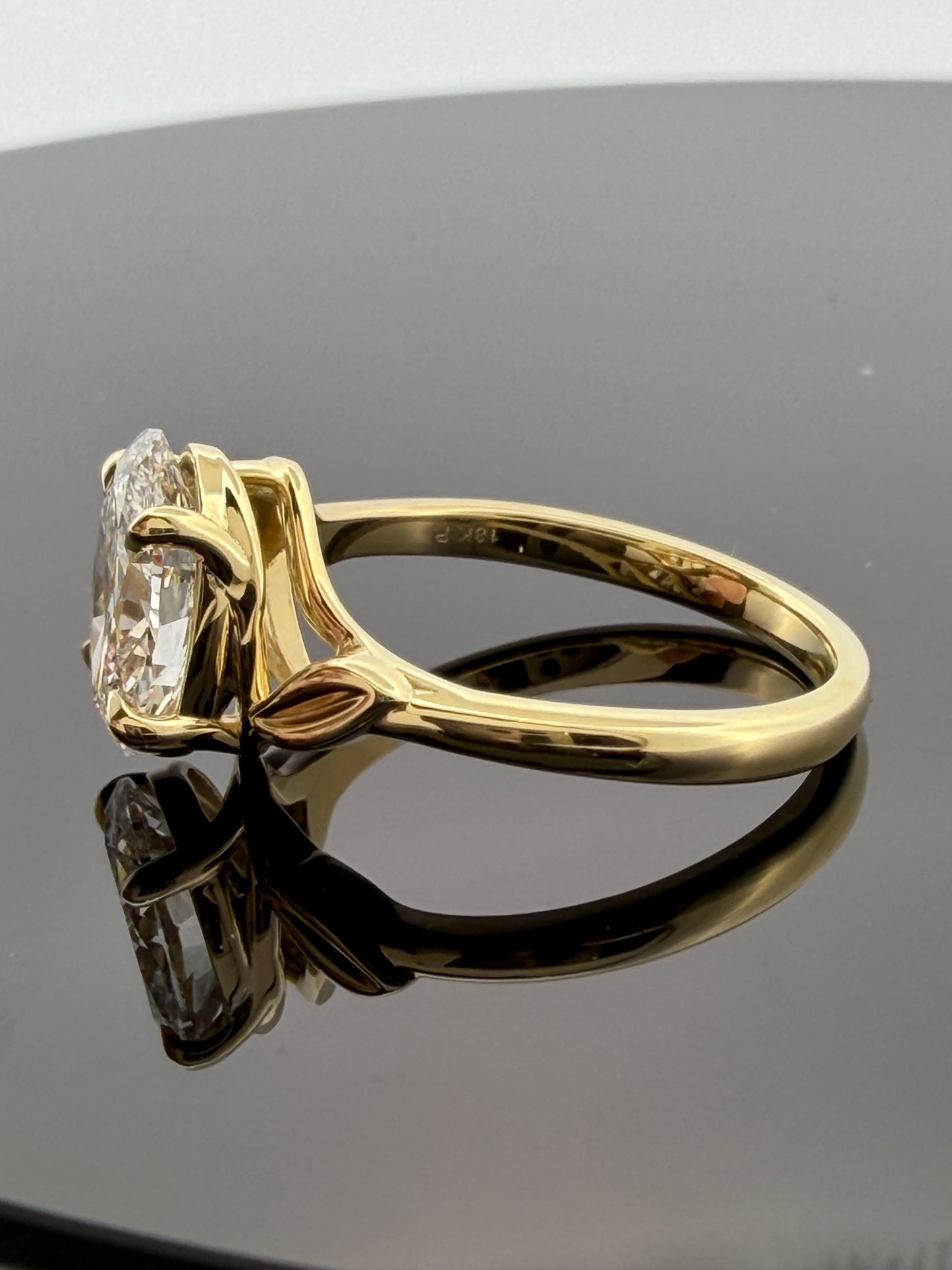 Custom Order: 18KY Oval Lab Grown Engagement Ring Leaf Design Size 8 2.18CT