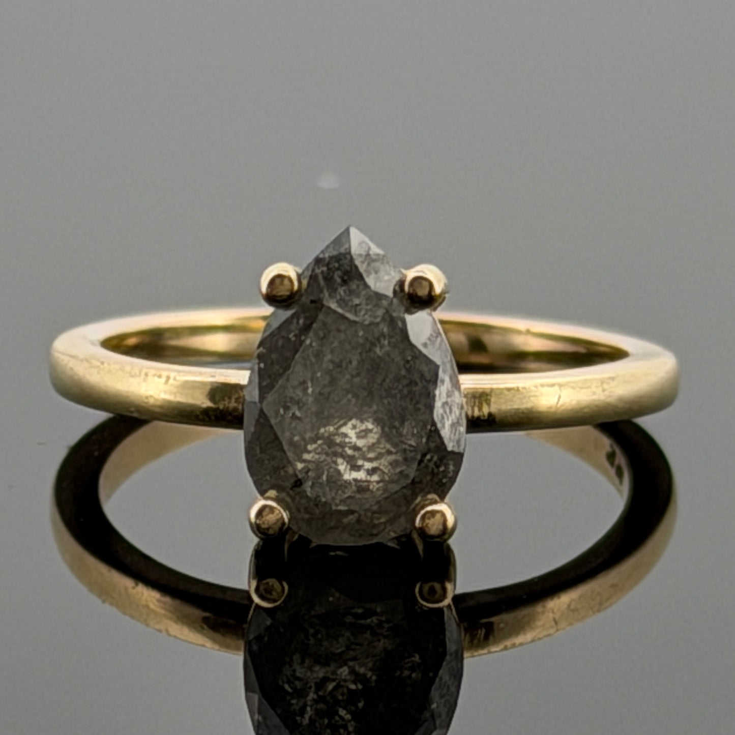 14K Yellow Gold 1CTW Natural Salt & Pepper Pear Shape Diamond Ring Size 4.25