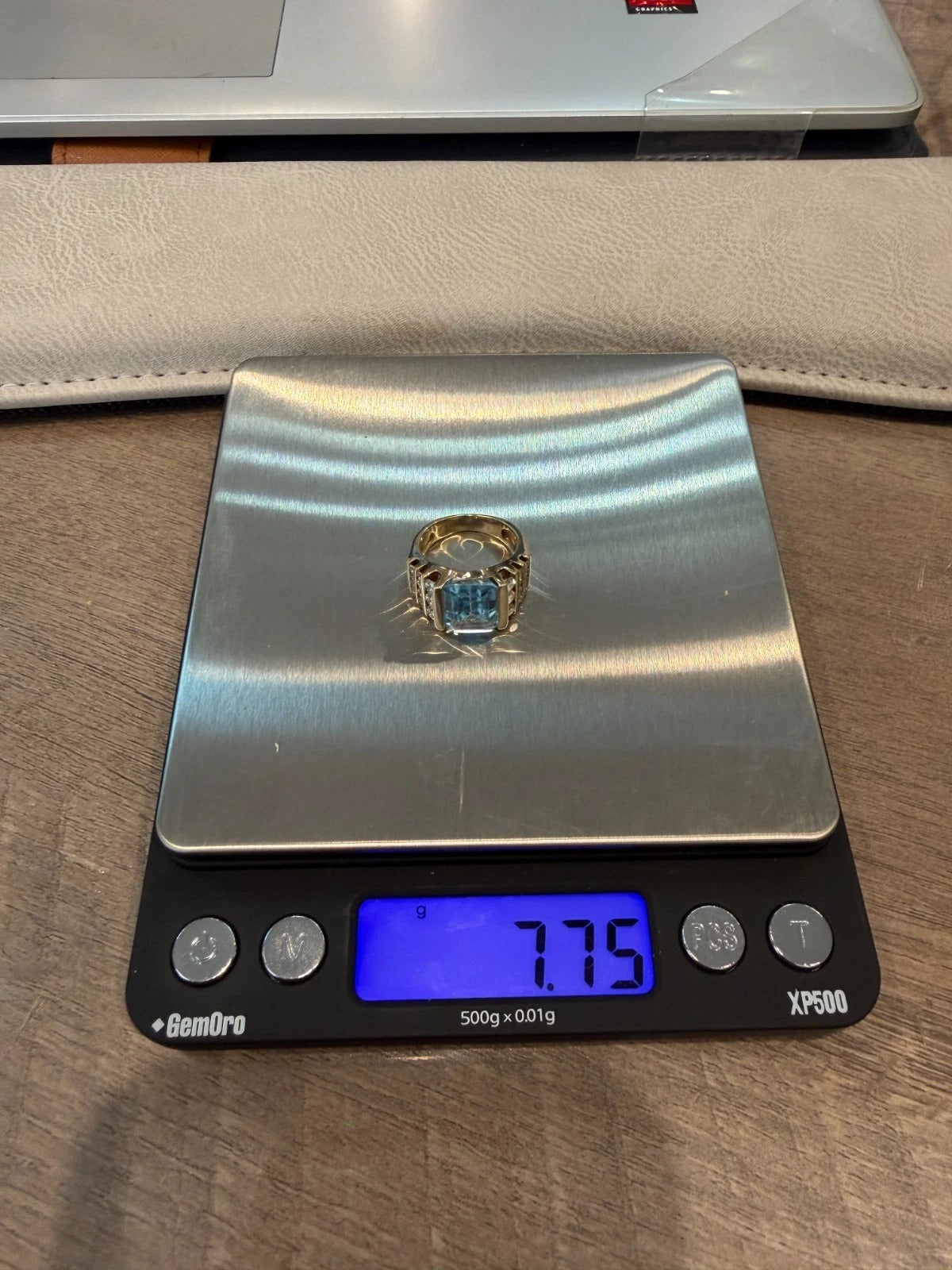 14K Yellow Gold Emerald Cut 7.75g Aquamarine Diamond Ring Size 4.75