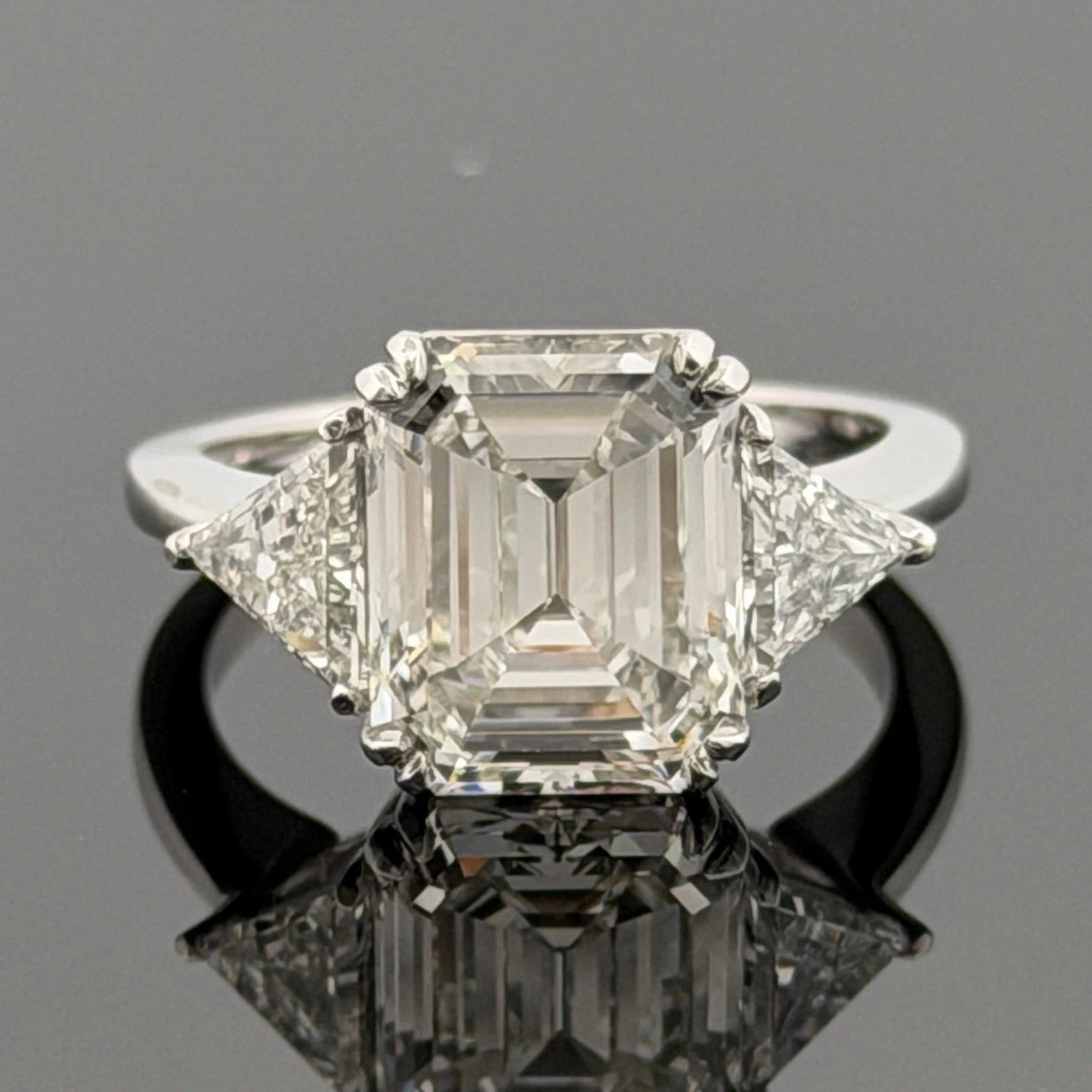 Consignment - Platinum Three-Stone Ring 4.10ct Emerald Cut Diamond GIA Certified Trillion Sides Size 6.5 - platinum, diamo...
