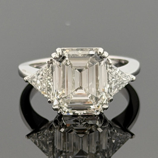 Consignment - Platinum Three-Stone Ring 4.10ct Emerald Cut Diamond GIA Certified Trillion Sides Size 6.5 - platinum, diamo...
