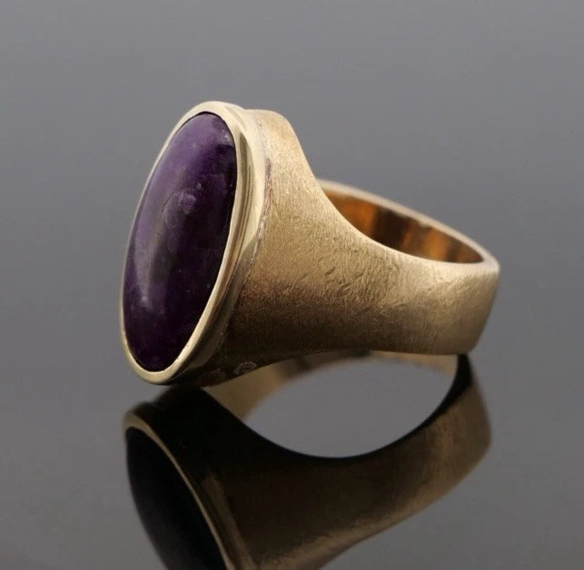 14K Yellow Gold 12.00 Grams Custom Purple Charoite Bezel Ring Size 10