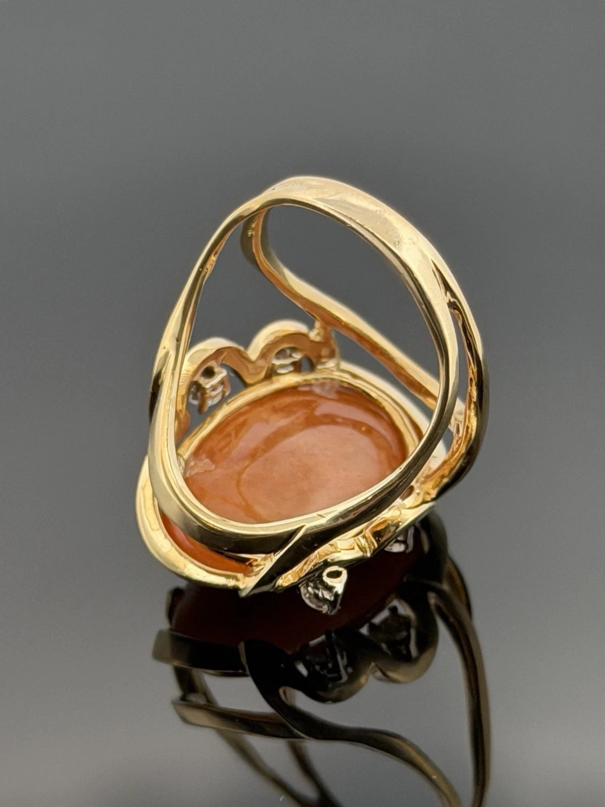 14K Yellow Gold Freeform Large Natural Orange Jadeite Cabochon & Diamond Ring by Devine & Co — side view