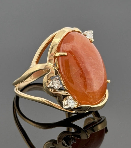 14K Yellow Gold Freeform Large Natural Orange Jadeite Cabochon & Diamond Ring by Devine & Co — front view