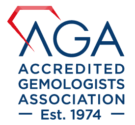 Logo of the Accredited Gemologists Association with a red gemstone on a blue background