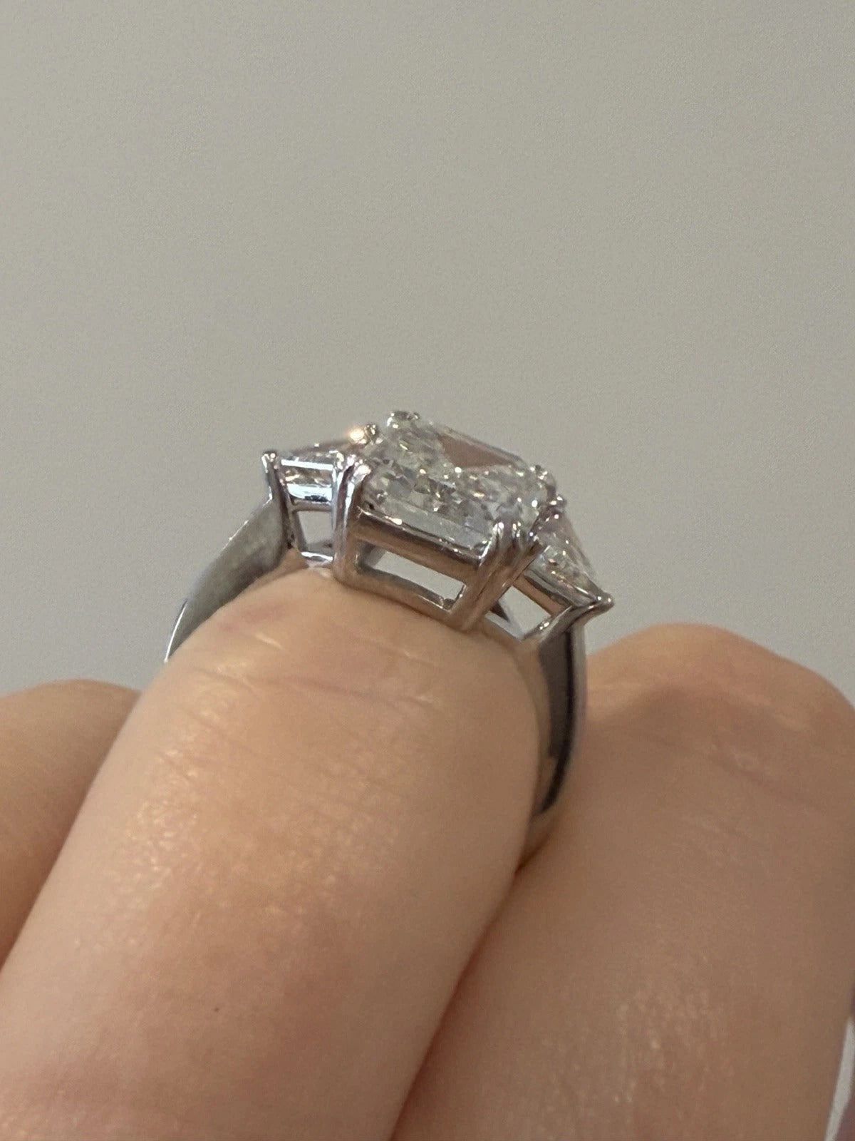 Consignment - Platinum Three-Stone Ring 4.10ct Emerald Cut Diamond GIA Certified Trillion Sides Size 6.5 - platinum, diamo...
