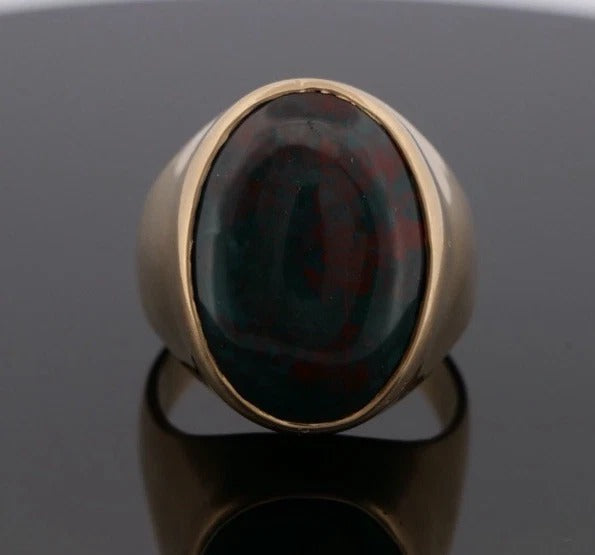14K Yellow Gold 20.80 Grams Men’s Large Oval Cabochon Bloodstone Ring Size 14.5