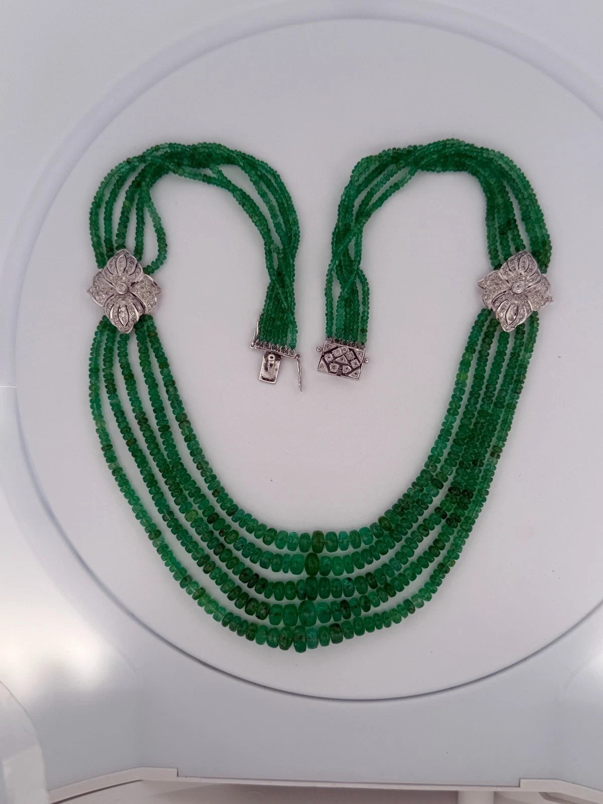 14K White Gold Approx. 290 Carats 20" Diamonds 5-Strand Faceted Emerald Necklace