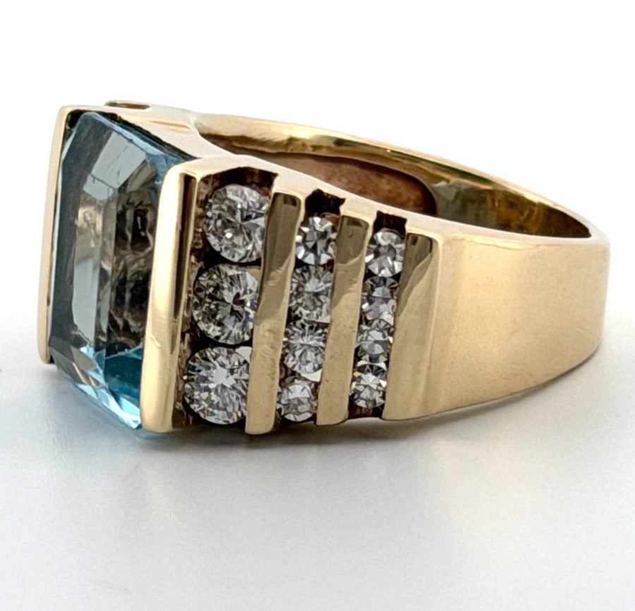 14K Yellow Gold Emerald Cut 7.75g Aquamarine Diamond Ring Size 4.75
