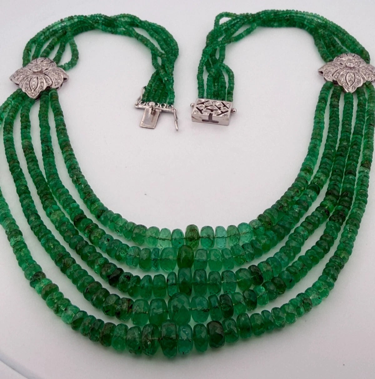 14K White Gold Approx. 290 Carats 20" Diamonds 5-Strand Faceted Emerald Necklace