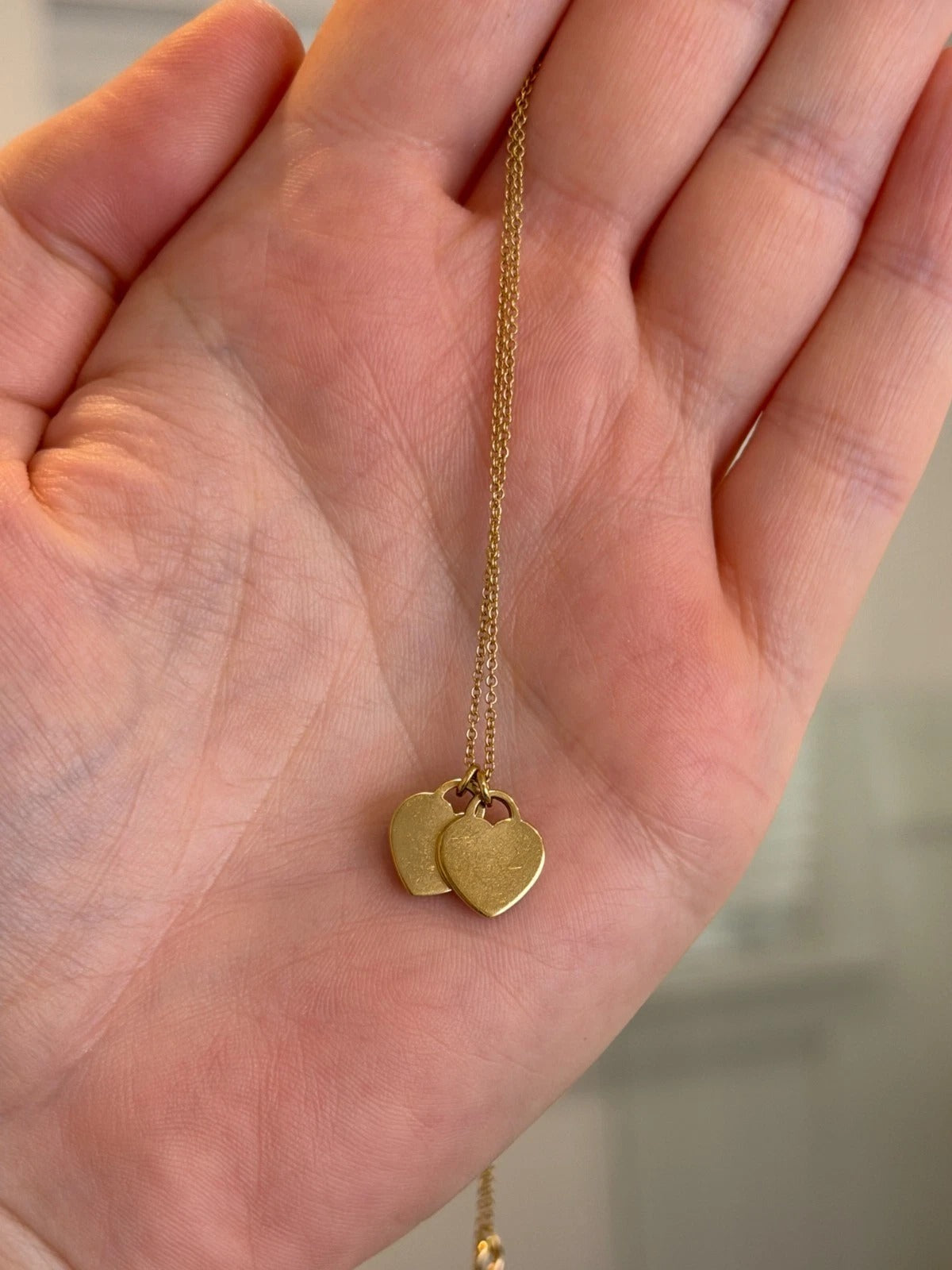 Consignment - Tiffany & Co. 18k Yellow Gold Mini Double Heart Tag Pendant Necklace - 18k gold, yellow gold, necklace - (im...