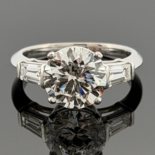 Consignment - Platinum 3.01ct Round Brilliant Natural Diamond GIA Baguettes Three-Stone Ring - platinum, diamond, ring - (...