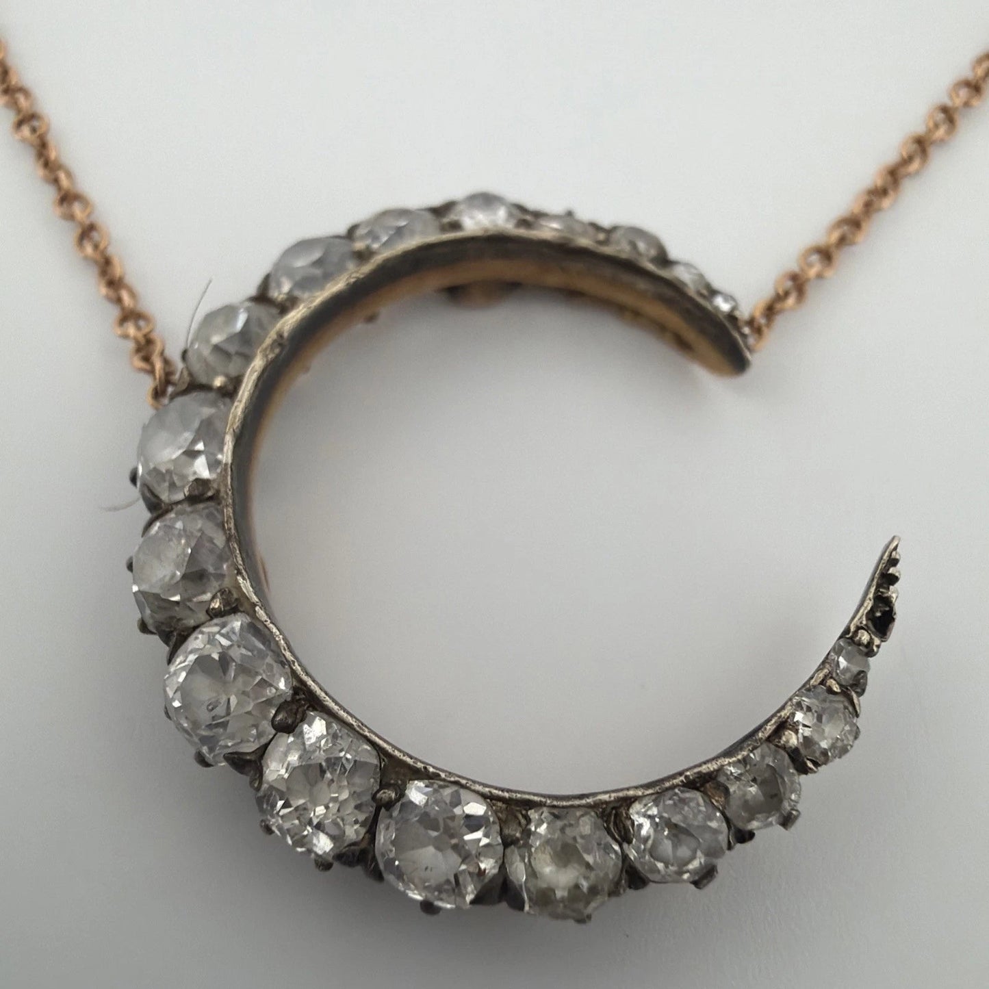 Antique Crescent Diamond Necklace 1.50CTW Old Mine Cut Silver & 14K/18K Gold - Devine & Co.