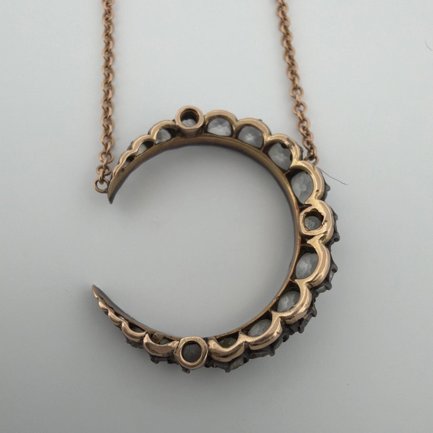 Antique Crescent Diamond Necklace 1.50CTW Old Mine Cut Silver & 14K/18K Gold - Devine & Co.