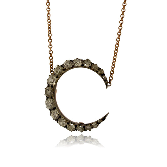 Antique Crescent Diamond Necklace 1.50CTW Old Mine Cut Silver & 14K/18K Gold - Devine & Co.