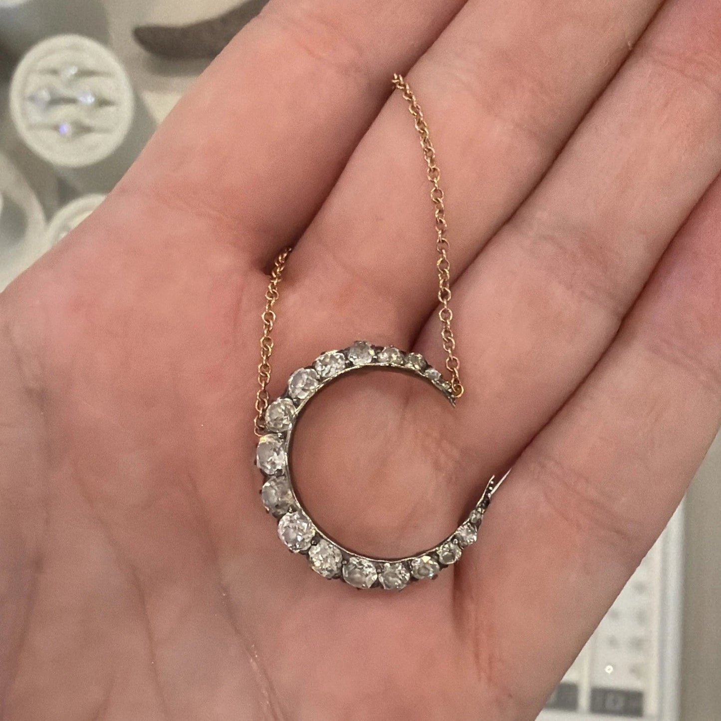 Antique Crescent Diamond Necklace 1.50CTW Old Mine Cut Silver & 14K/18K Gold - Devine & Co.