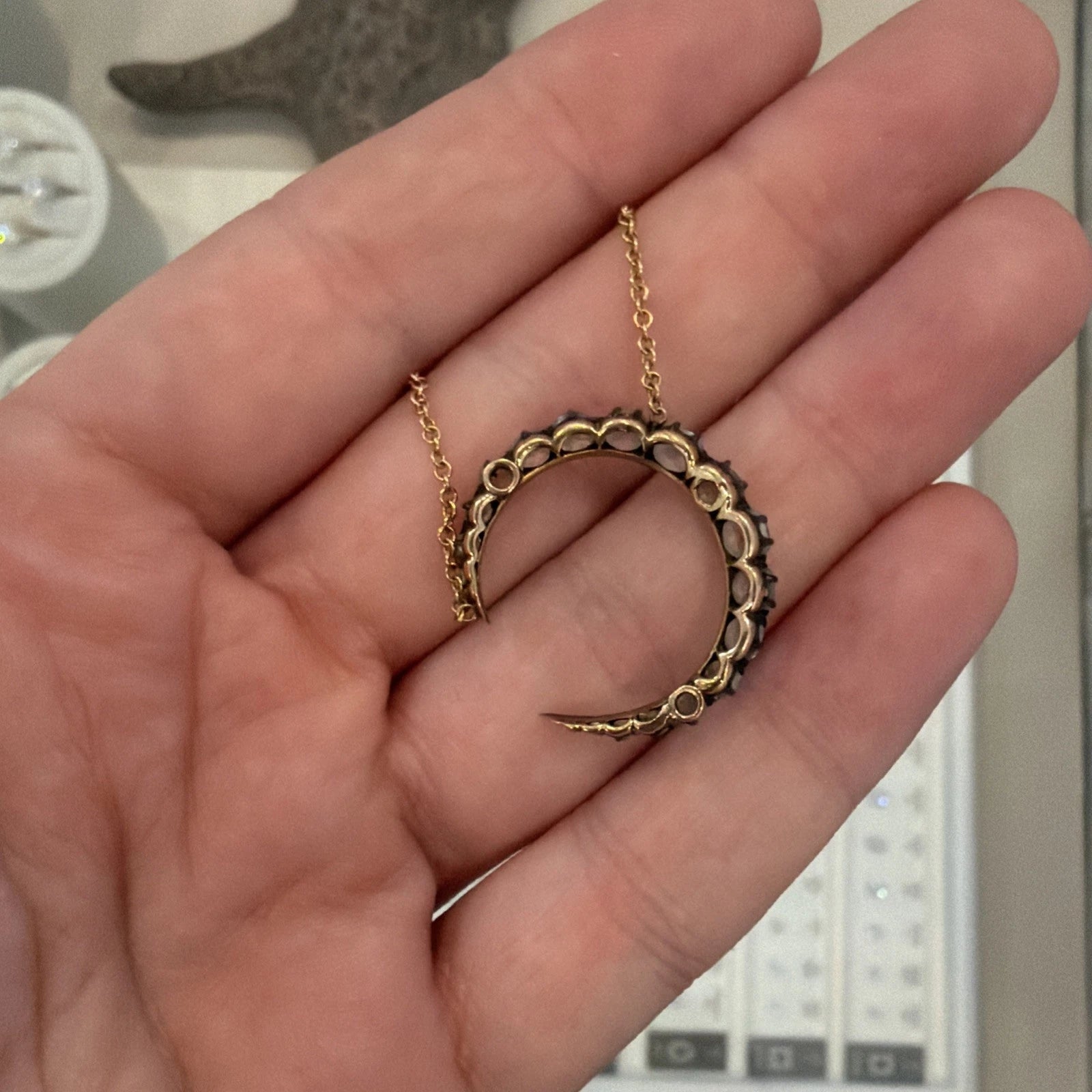 Antique Crescent Diamond Necklace 1.50CTW Old Mine Cut Silver & 14K/18K Gold - Devine & Co.