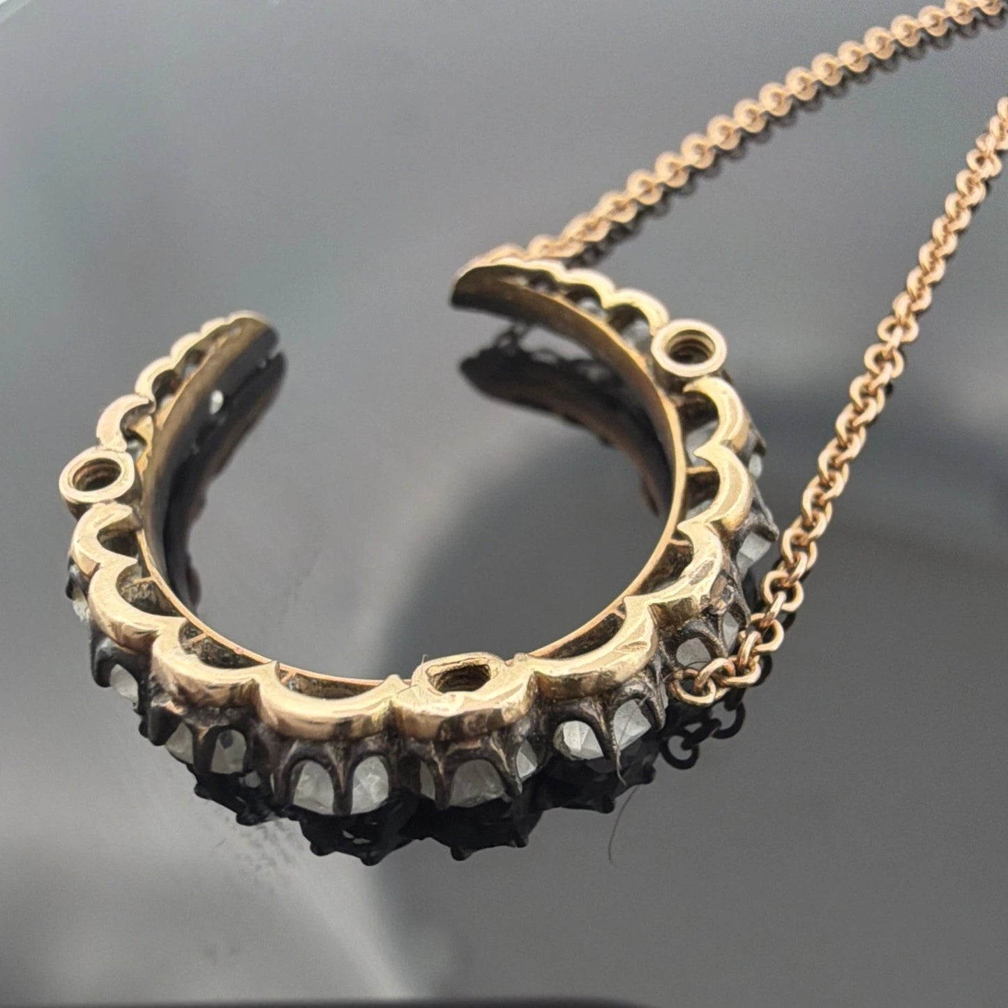 Antique Crescent Diamond Necklace 1.50CTW Old Mine Cut Silver & 14K/18K Gold - Devine & Co.