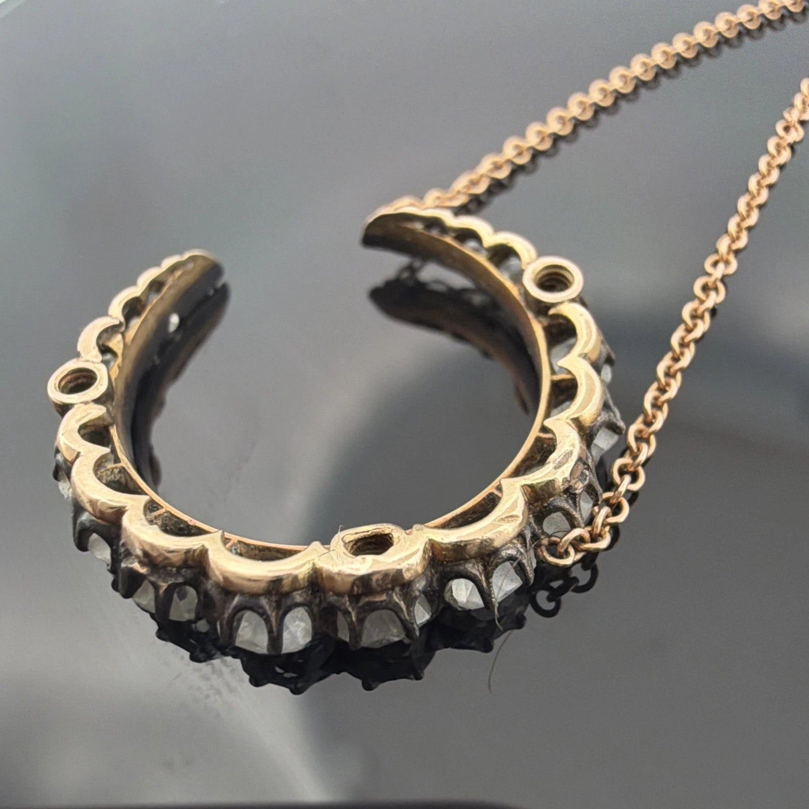 Antique Crescent Diamond Necklace 1.50CTW Old Mine Cut Silver & 14K/18K Gold - Devine & Co.
