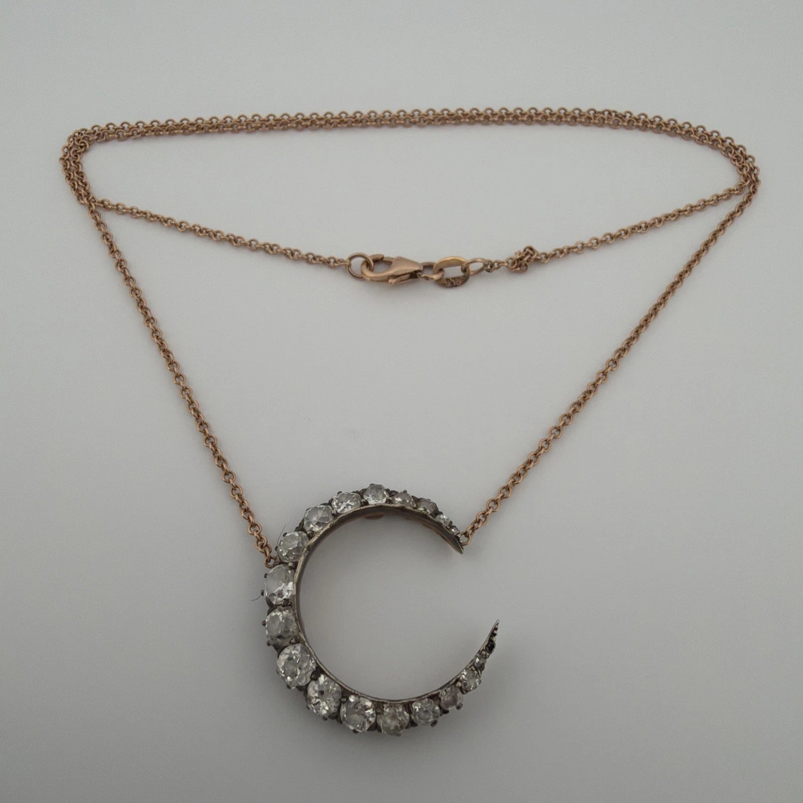 Antique Crescent Diamond Necklace 1.50CTW Old Mine Cut Silver & 14K/18K Gold - Devine & Co.
