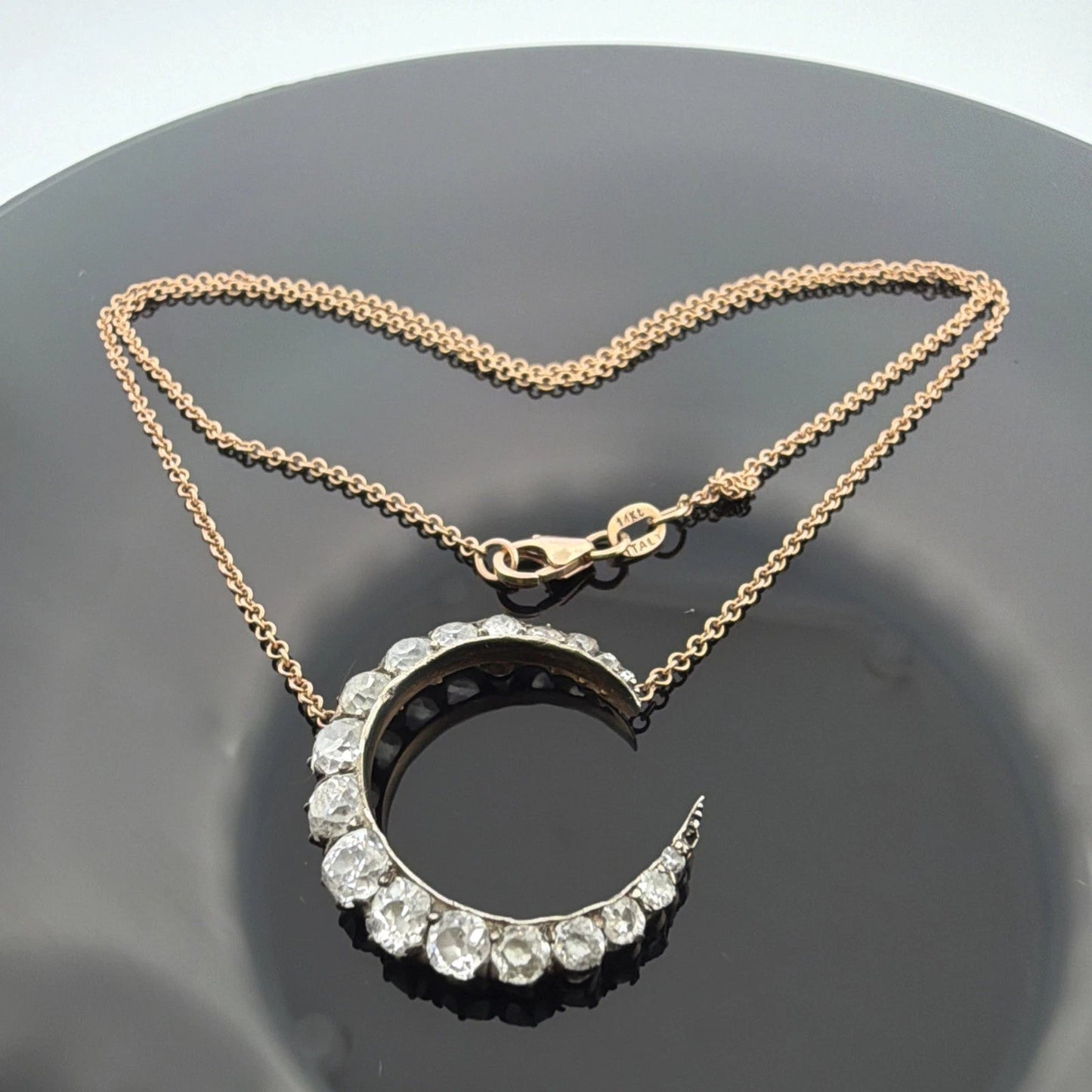 Antique Crescent Diamond Necklace 1.50CTW Old Mine Cut Silver & 14K/18K Gold - Devine & Co.
