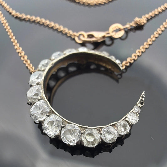 Antique Crescent Diamond Necklace 1.50CTW Old Mine Cut Silver & 14K/18K Gold - Devine & Co.