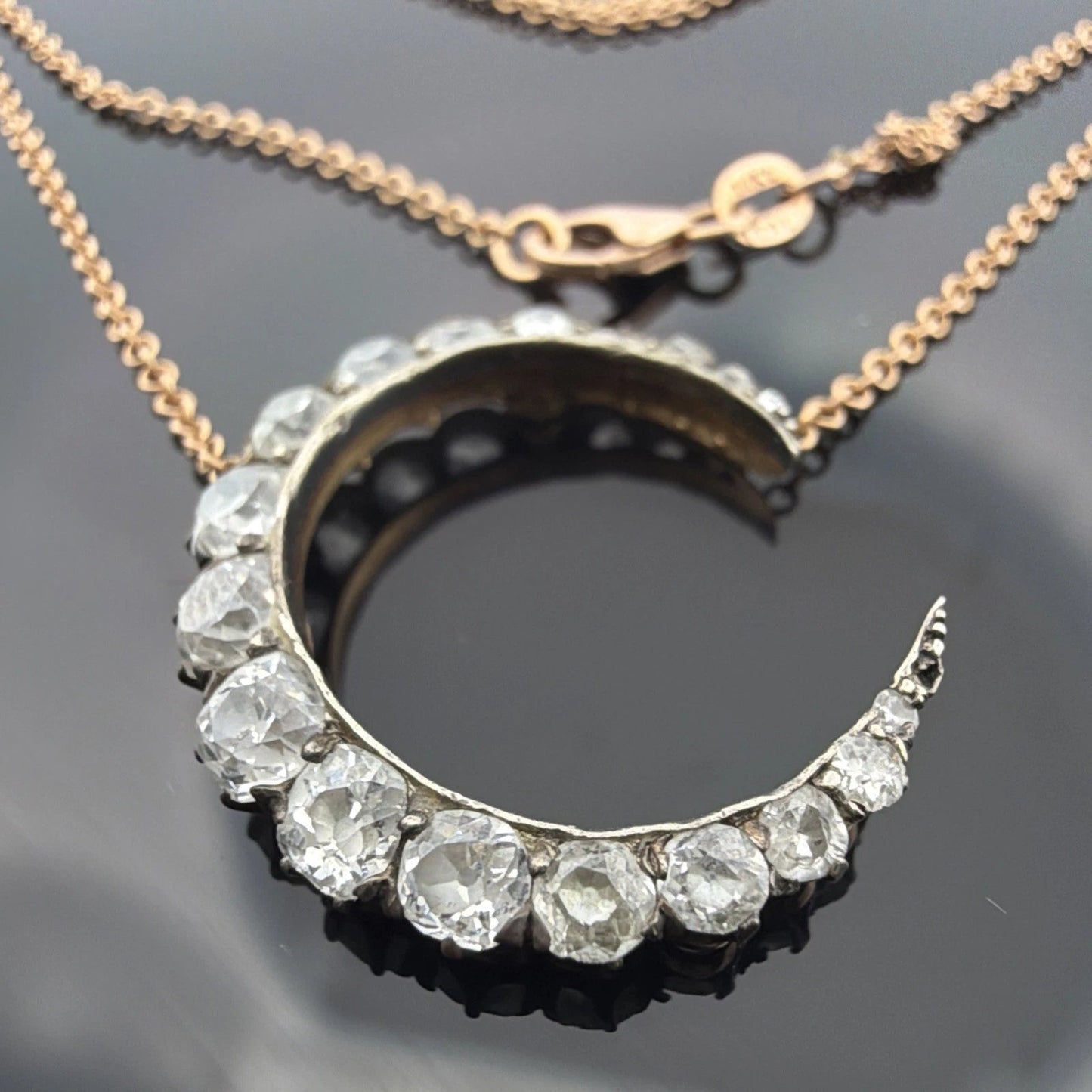 Antique Crescent Diamond Necklace 1.50CTW Old Mine Cut Silver & 14K/18K Gold - Devine & Co.